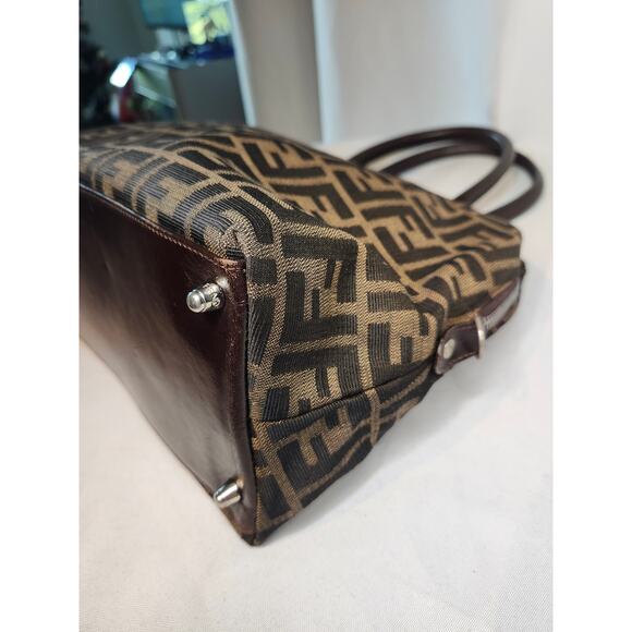 Fendi Zucca Canvas Dome Satchel Handbag Brown Leather Trim FF Silver Hardware - Picture 6 of 16